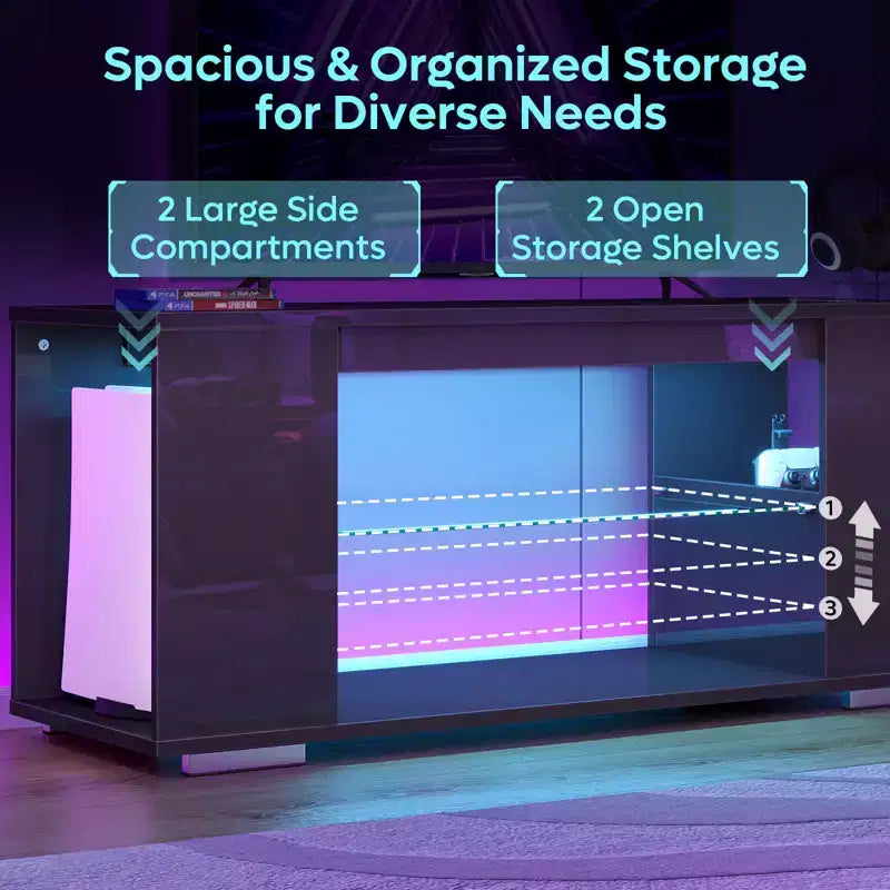 Mueble de TV de alto brillo PINMOCO de 47 pulgadas para televisores de hasta 55 pulgadas con LED y estantes de almacenamiento abiertos Centro de entretenimiento