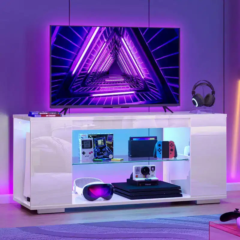 Mueble de TV de alto brillo PINMOCO de 47 pulgadas para televisores de hasta 55 pulgadas con LED y estantes de almacenamiento abiertos Centro de entretenimiento