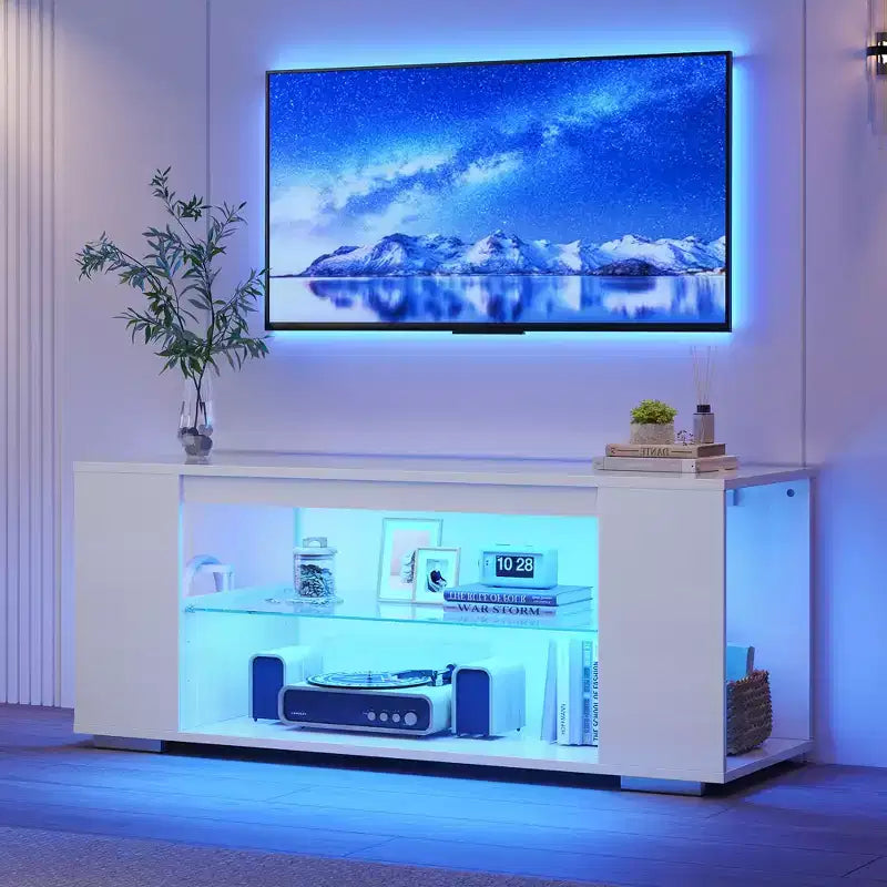 Mueble de TV de alto brillo PINMOCO de 47 pulgadas para televisores de hasta 55 pulgadas con LED y estantes de almacenamiento abiertos Centro de entretenimiento