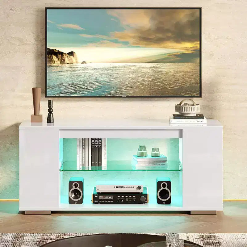 Mueble de TV de alto brillo PINMOCO de 47 pulgadas para televisores de hasta 55 pulgadas con LED y estantes de almacenamiento abiertos Centro de entretenimiento