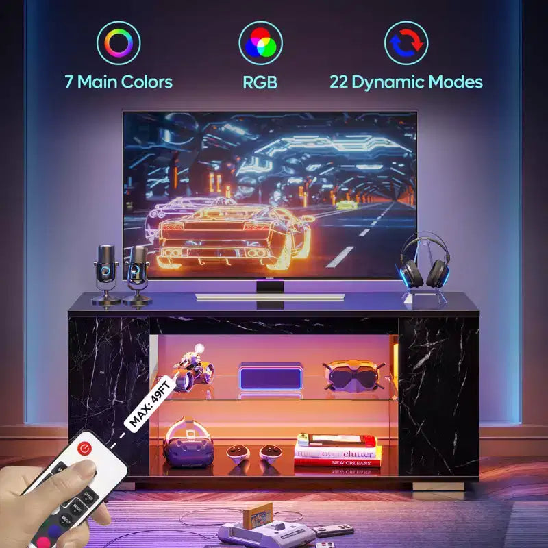 Mueble de TV de alto brillo PINMOCO de 47 pulgadas para televisores de hasta 55 pulgadas con LED y estantes de almacenamiento abiertos Centro de entretenimiento