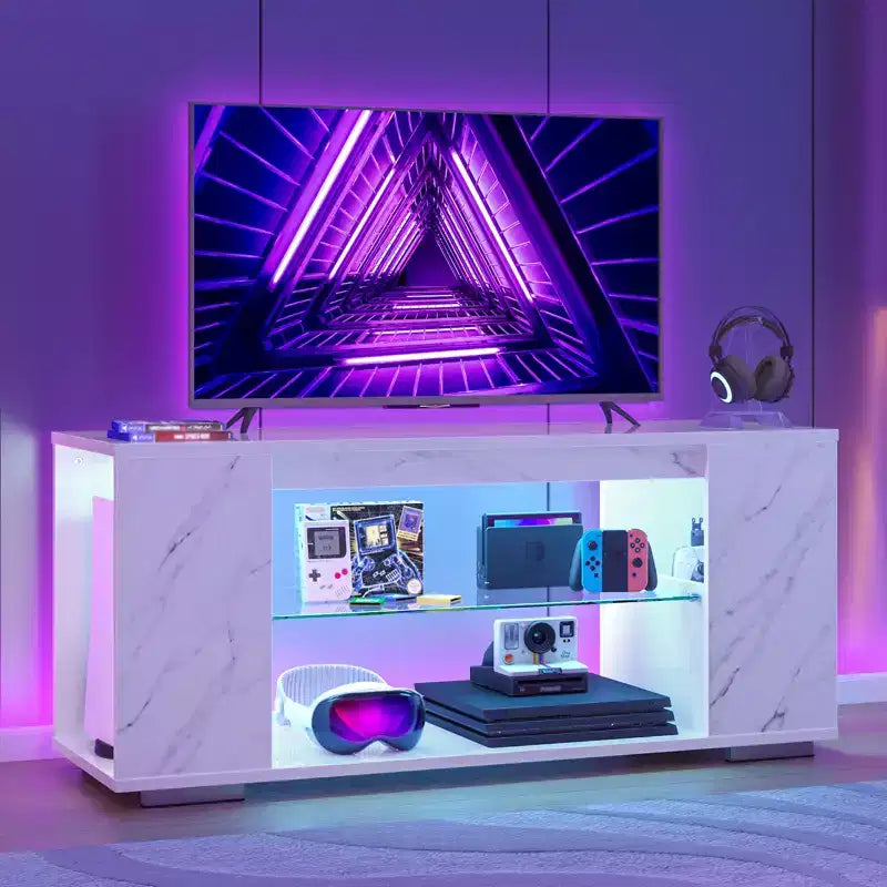 Mueble de TV de alto brillo PINMOCO de 47 pulgadas para televisores de hasta 55 pulgadas con LED y estantes de almacenamiento abiertos Centro de entretenimiento