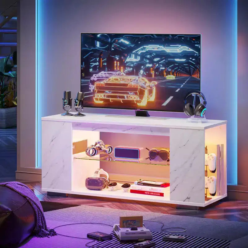 Mueble de TV de alto brillo PINMOCO de 47 pulgadas para televisores de hasta 55 pulgadas con LED y estantes de almacenamiento abiertos Centro de entretenimiento