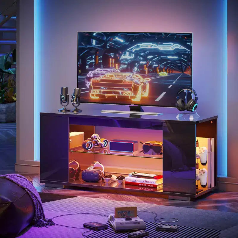 Mueble de TV de alto brillo PINMOCO de 47 pulgadas para televisores de hasta 55 pulgadas con LED y estantes de almacenamiento abiertos Centro de entretenimiento