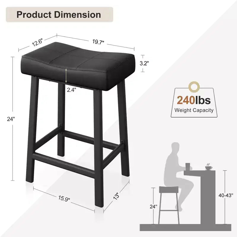 Juego de 24 taburetes de bar de altura de encimera para isla de cocina, taburetes de cuero regenerado con asientos de silla de montar de 2.4 pulgadas de grosor para comedor