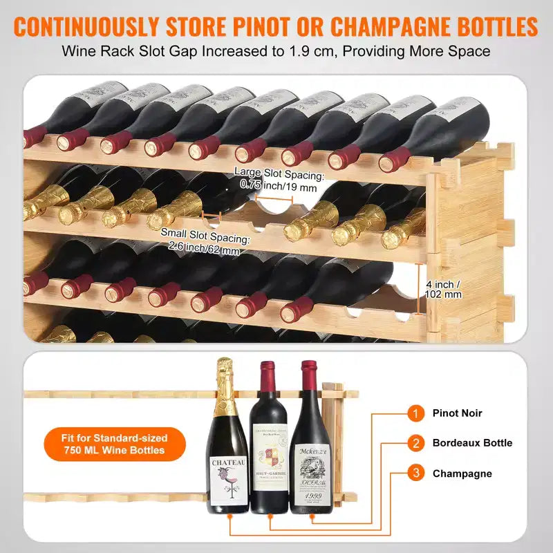 VEVOR Botellero Modular Mejorado de 72 Botellas, Almacena Continuamente Botellas de Pinot, Estante de Almacenamiento de Madera de Bambú de 8 Niveles, Soporte de Vinos de Pie Independiente