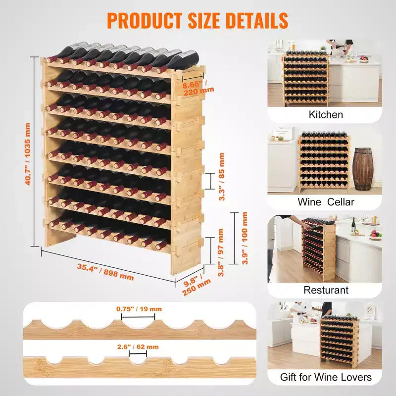VEVOR Botellero Modular Mejorado de 72 Botellas, Almacena Continuamente Botellas de Pinot, Estante de Almacenamiento de Madera de Bambú de 8 Niveles, Soporte de Vinos de Pie Independiente