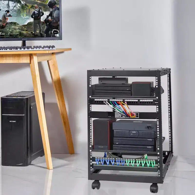 Armario para servidor de bastidor abierto VEVOR de 15U, montable en pared con 2 estantes de refrigeración y 4 ruedas, profundidad ajustable de 23''-40'' para equipos de red y AV
