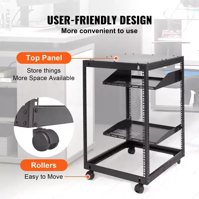 Armario para servidor de bastidor abierto VEVOR de 15U, montable en pared con 2 estantes de refrigeración y 4 ruedas, profundidad ajustable de 23''-40'' para equipos de red y AV