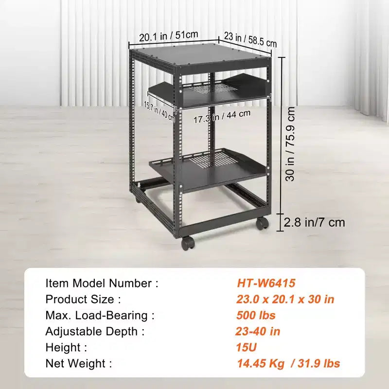 Armario para servidor de bastidor abierto VEVOR de 15U, montable en pared con 2 estantes de refrigeración y 4 ruedas, profundidad ajustable de 23''-40'' para equipos de red y AV