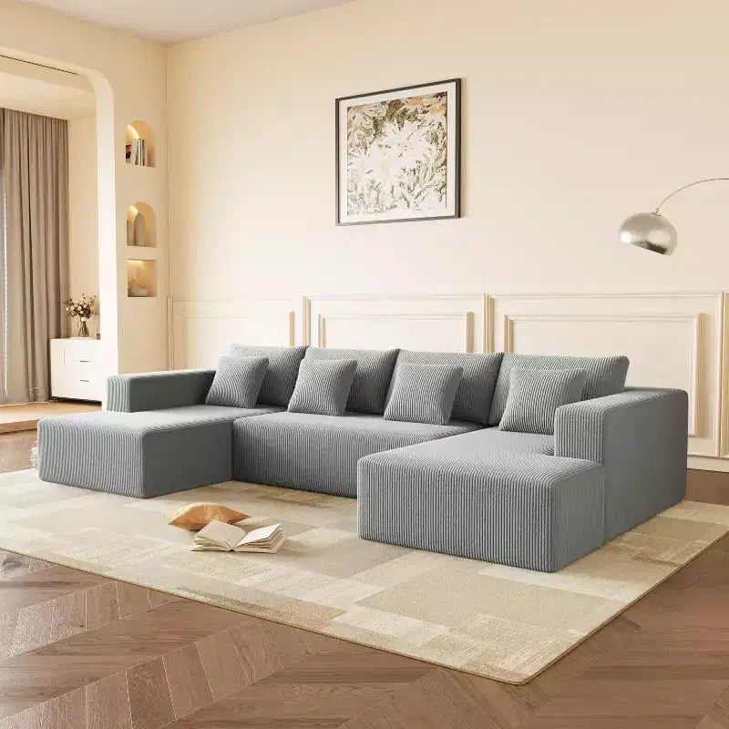 Sofá seccional de pana extra grande, diseño espacioso en forma de U con 8 cojines decorativos, gris oscuro