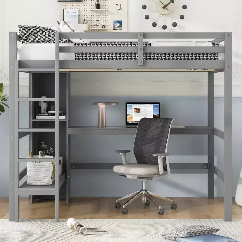 Cama alta de tamaño completo Whisen con estantes multifunción y escritorio debajo de la cama