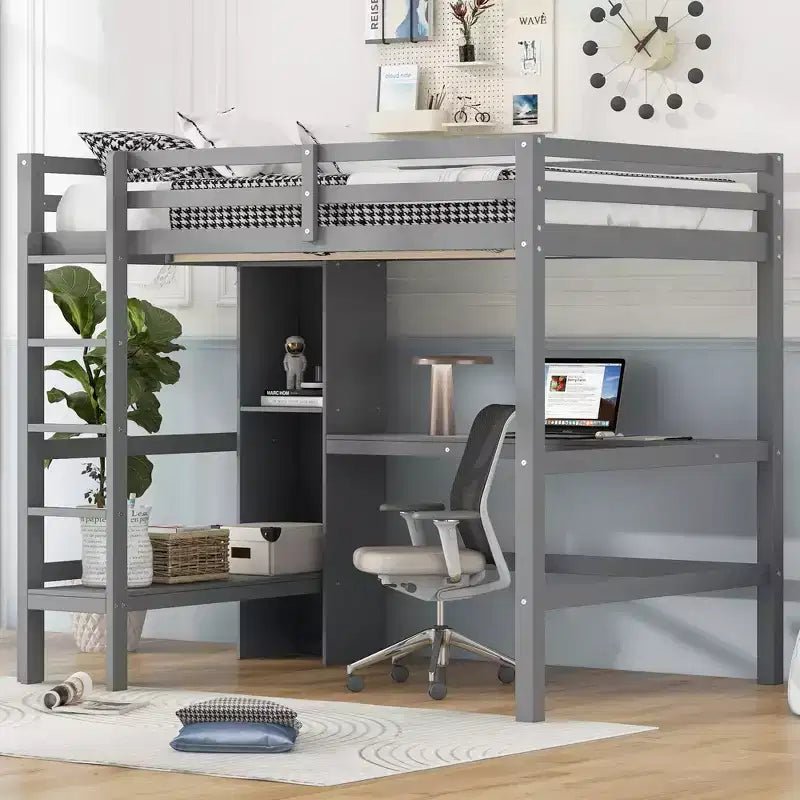 Cama alta de tamaño completo Whisen con estantes multifunción y escritorio debajo de la cama