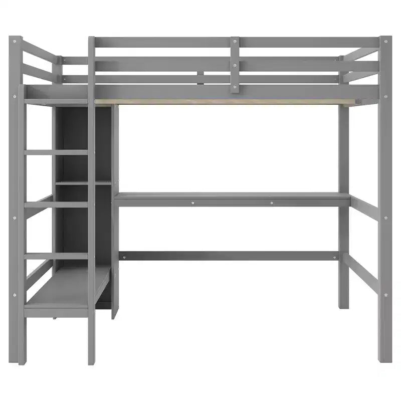 Cama alta de tamaño completo Whisen con estantes multifunción y escritorio debajo de la cama