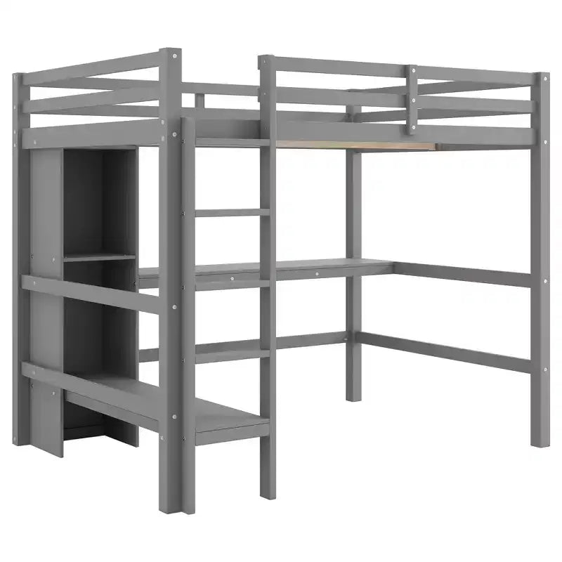 Cama alta de tamaño completo Whisen con estantes multifunción y escritorio debajo de la cama