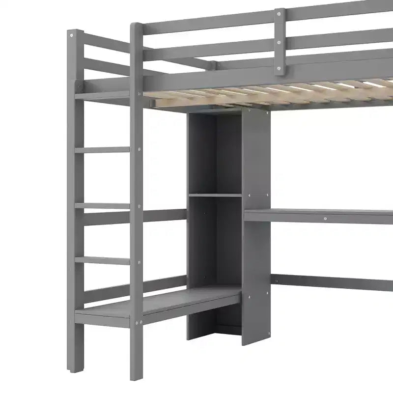 Cama alta de tamaño completo Whisen con estantes multifunción y escritorio debajo de la cama