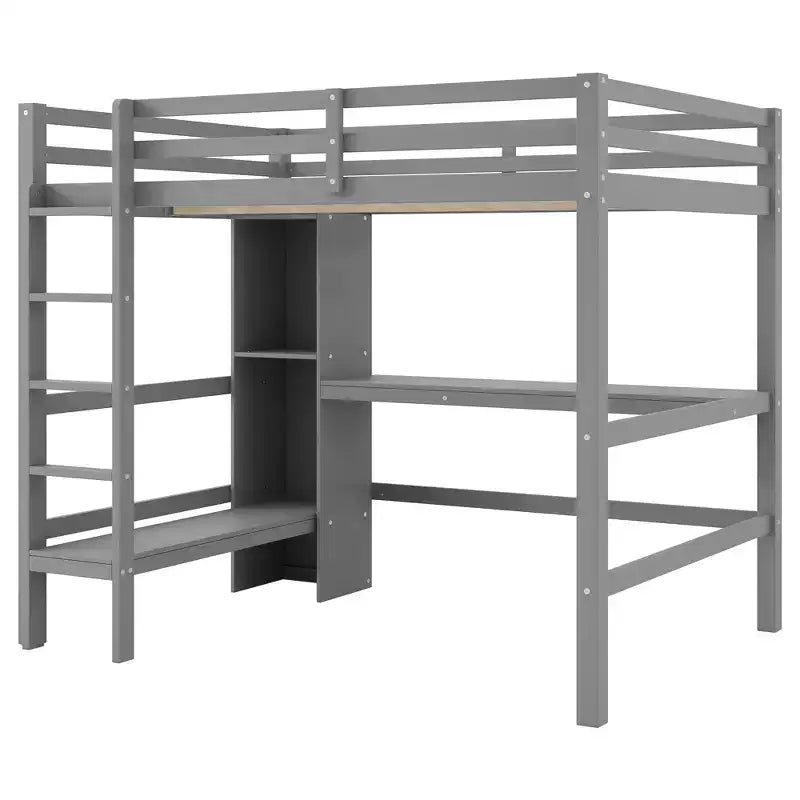Cama alta de tamaño completo Whisen con estantes multifunción y escritorio debajo de la cama