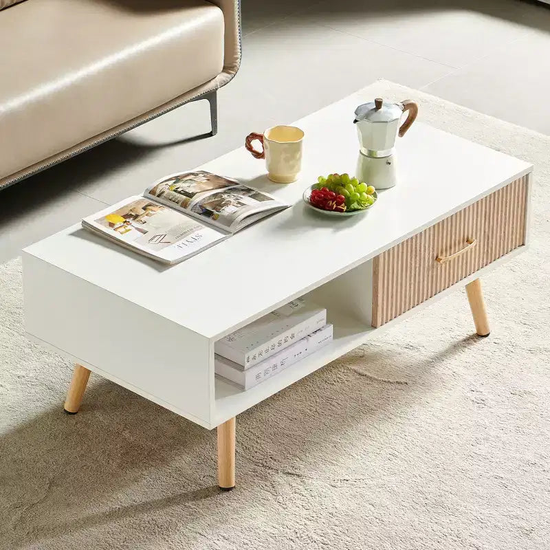 Mesa de centro rectangular con patas de madera maciza, cajón deslizante para almacenamiento, mesa moderna, blanca