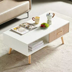 Mesa de centro rectangular con patas de madera maciza, cajón deslizante para almacenamiento, mesa moderna, blanca