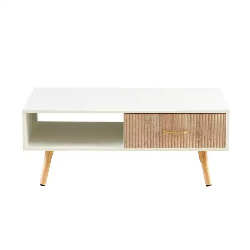 Mesa de centro rectangular con patas de madera maciza, cajón deslizante para almacenamiento, mesa moderna, blanca
