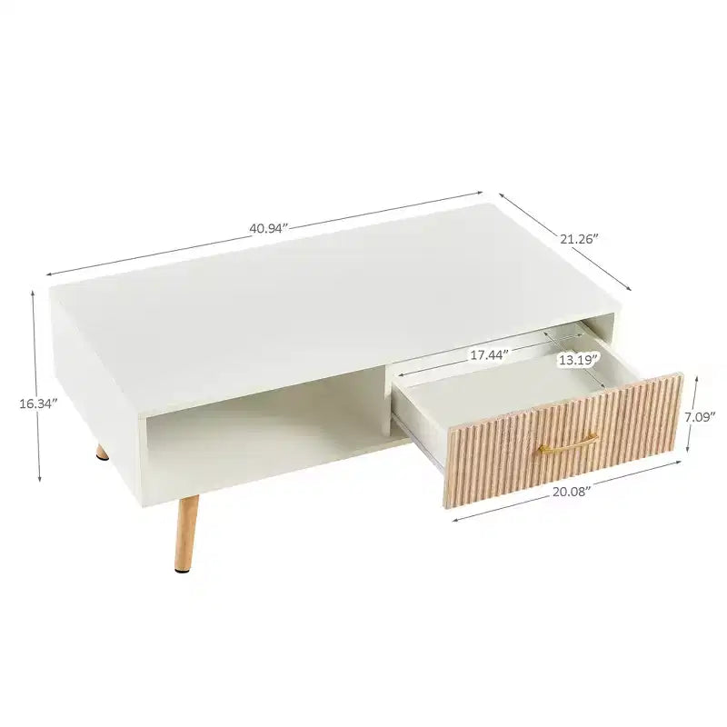 Mesa de centro rectangular con patas de madera maciza, cajón deslizante para almacenamiento, mesa moderna, blanca