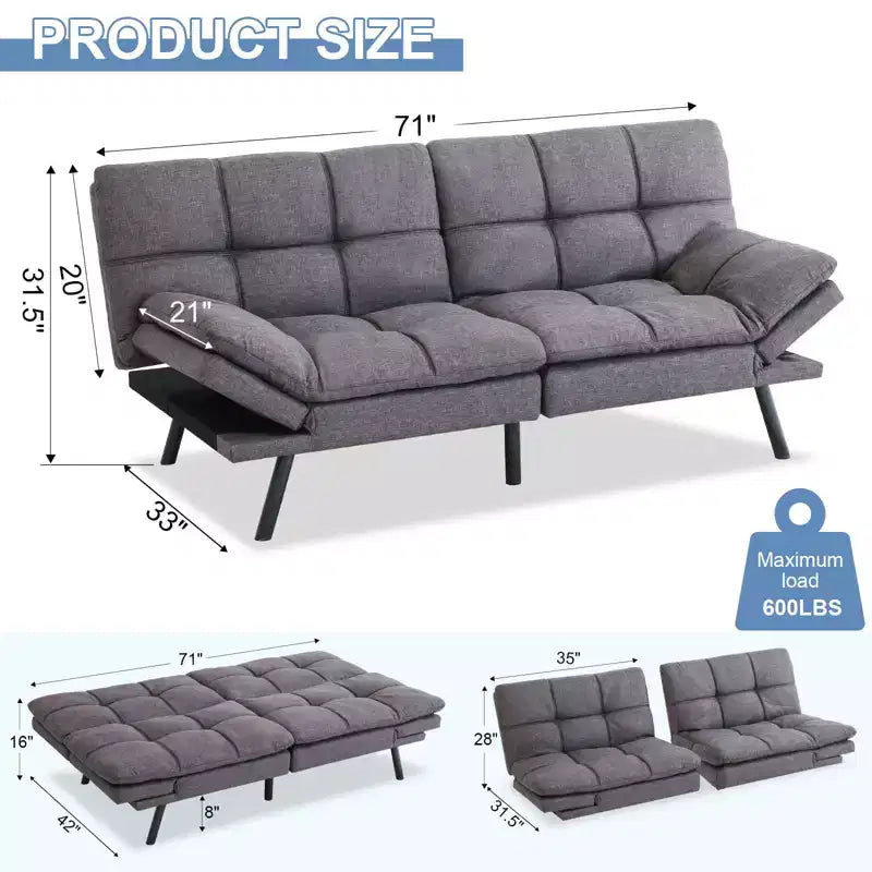 Dyonery 71 sofá cama convertible de piel sintética, futón de espuma viscoelástica, pequeño sofá cama moderno con respaldo dividido para sala de estar
