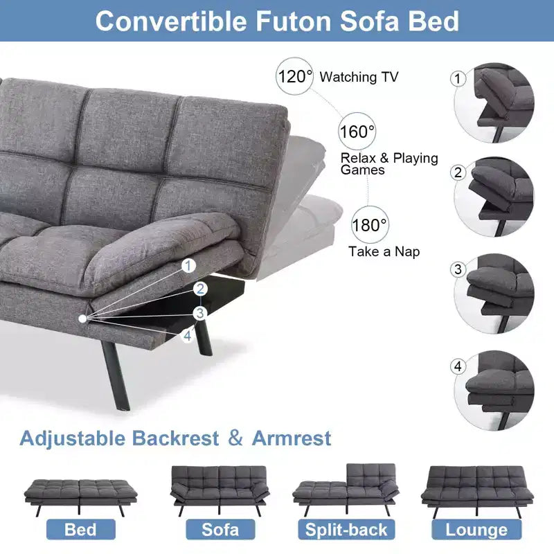 Dyonery 71 sofá cama convertible de piel sintética, futón de espuma viscoelástica, pequeño sofá cama moderno con respaldo dividido para sala de estar