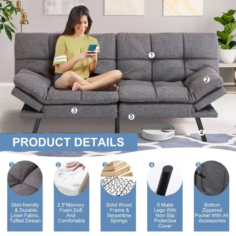 Dyonery 71 sofá cama convertible de piel sintética, futón de espuma viscoelástica, pequeño sofá cama moderno con respaldo dividido para sala de estar