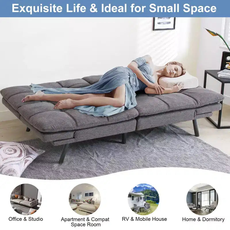Dyonery 71 sofá cama convertible de piel sintética, futón de espuma viscoelástica, pequeño sofá cama moderno con respaldo dividido para sala de estar