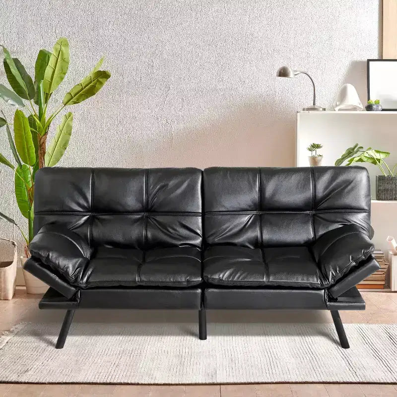 Dyonery 71 sofá cama convertible de piel sintética, futón de espuma viscoelástica, pequeño sofá cama moderno con respaldo dividido para sala de estar