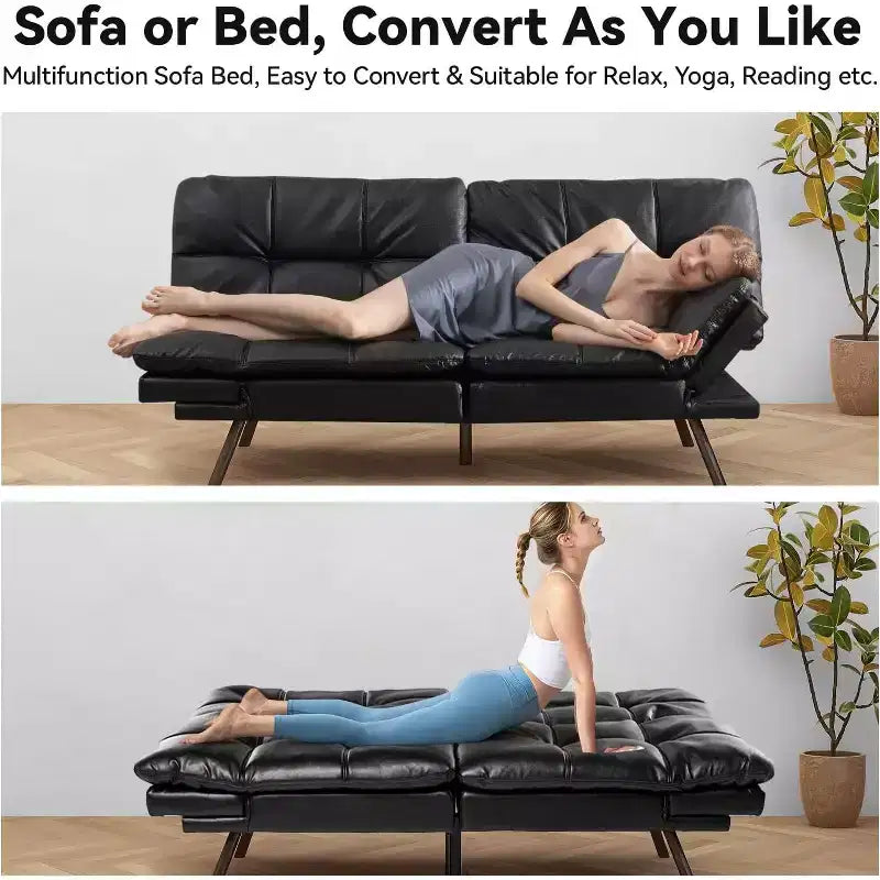 Dyonery 71 sofá cama convertible de piel sintética, futón de espuma viscoelástica, pequeño sofá cama moderno con respaldo dividido para sala de estar
