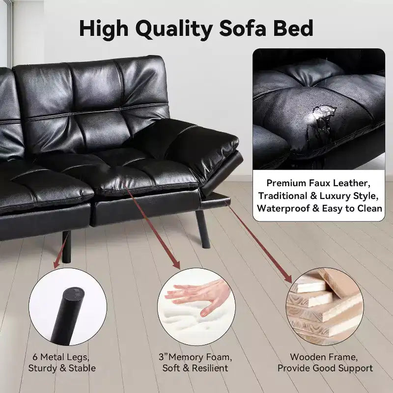 Dyonery 71 sofá cama convertible de piel sintética, futón de espuma viscoelástica, pequeño sofá cama moderno con respaldo dividido para sala de estar