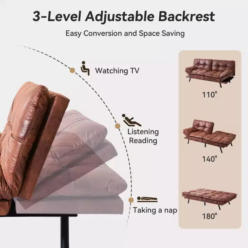 Dyonery 71 sofá cama convertible de piel sintética, futón de espuma viscoelástica, pequeño sofá cama moderno con respaldo dividido para sala de estar