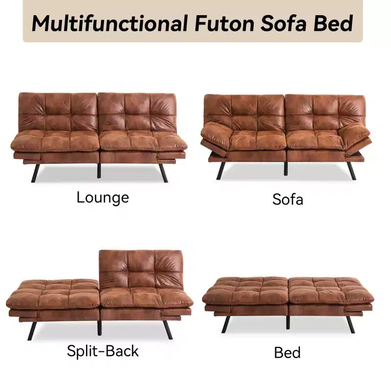 Dyonery 71 sofá cama convertible de piel sintética, futón de espuma viscoelástica, pequeño sofá cama moderno con respaldo dividido para sala de estar