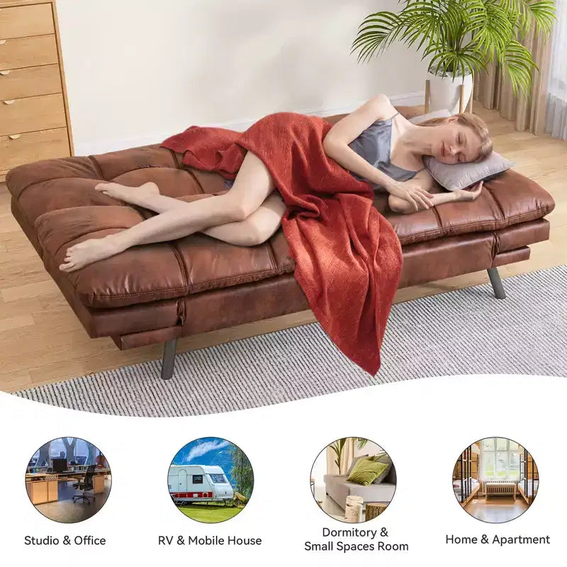 Dyonery 71 sofá cama convertible de piel sintética, futón de espuma viscoelástica, pequeño sofá cama moderno con respaldo dividido para sala de estar