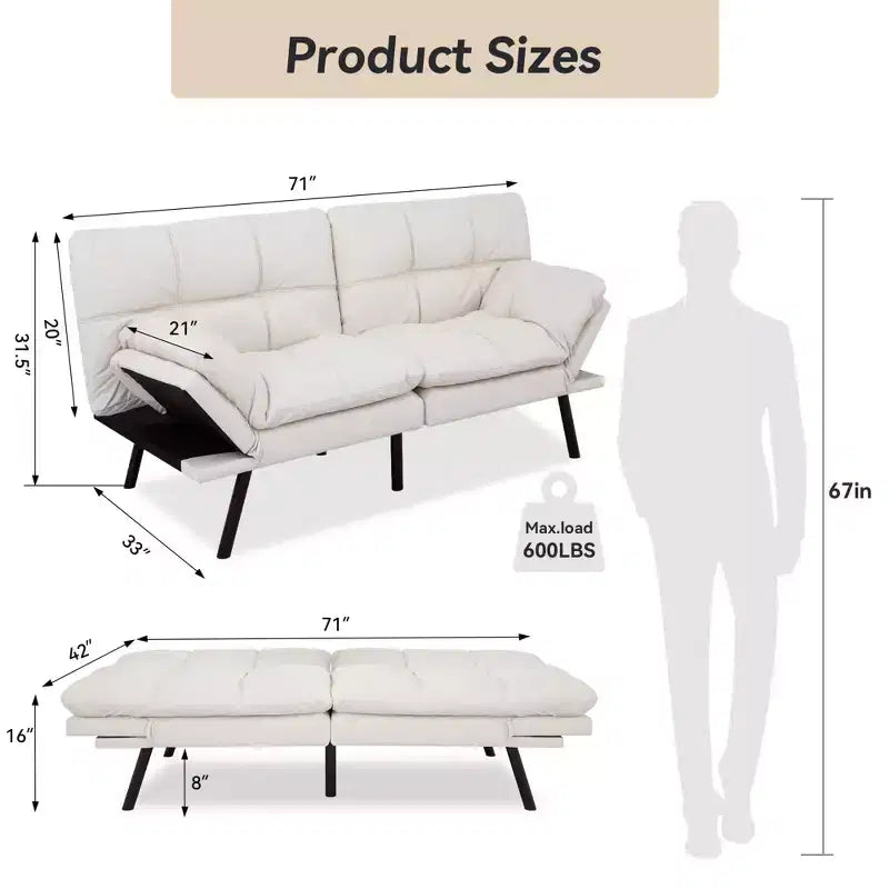 Dyonery 71 sofá cama convertible de piel sintética, futón de espuma viscoelástica, pequeño sofá cama moderno con respaldo dividido para sala de estar