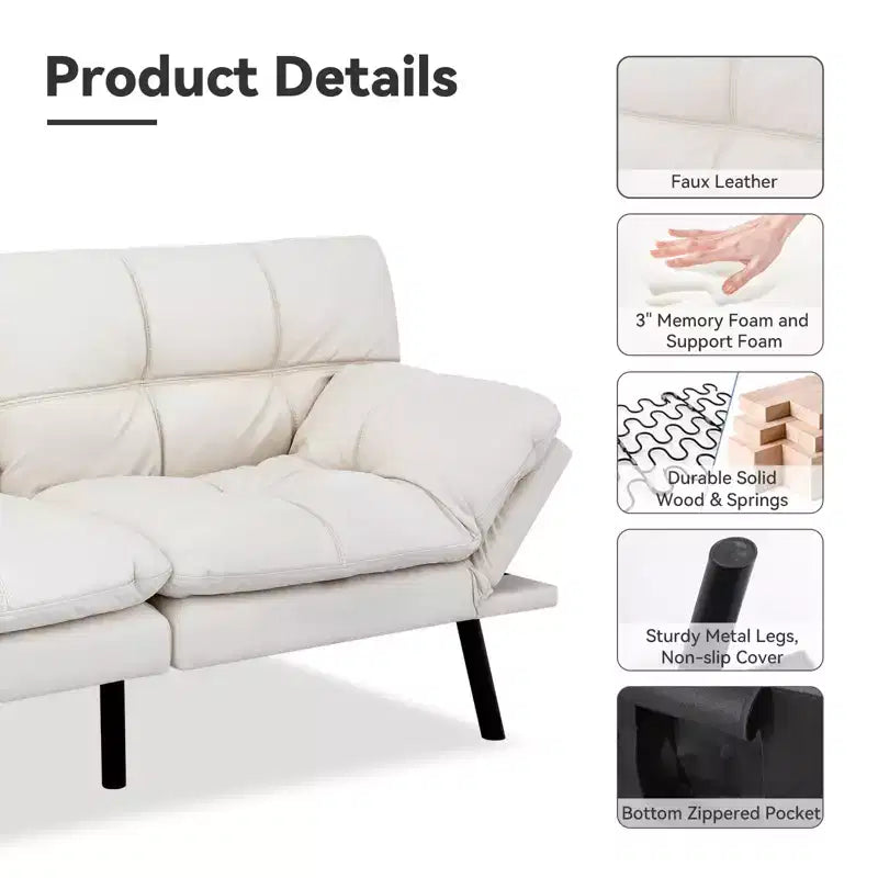 Dyonery 71 sofá cama convertible de piel sintética, futón de espuma viscoelástica, pequeño sofá cama moderno con respaldo dividido para sala de estar