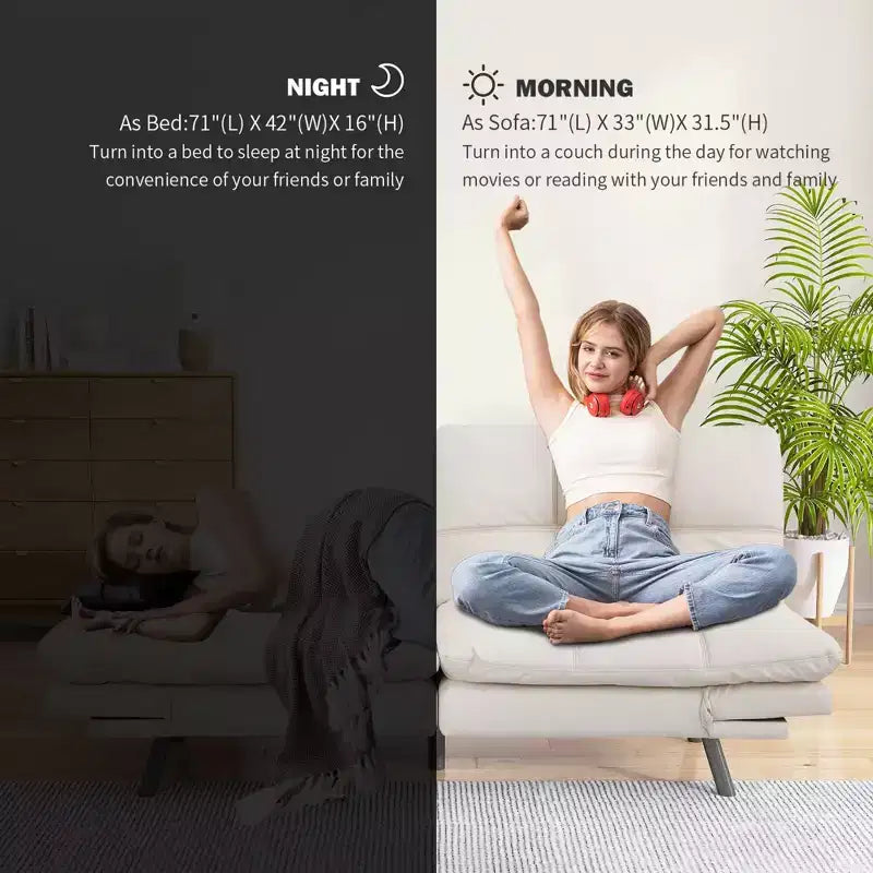 Dyonery 71 sofá cama convertible de piel sintética, futón de espuma viscoelástica, pequeño sofá cama moderno con respaldo dividido para sala de estar