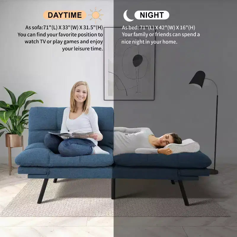 Dyonery 71 sofá cama convertible de piel sintética, futón de espuma viscoelástica, pequeño sofá cama moderno con respaldo dividido para sala de estar