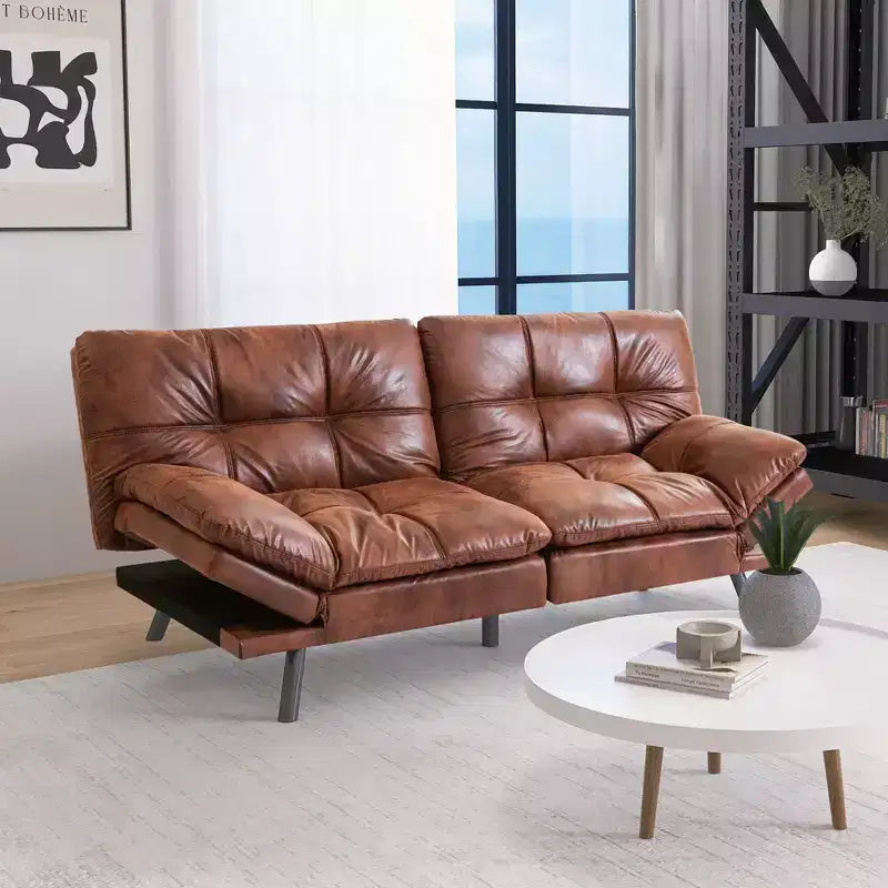 Dyonery 71 sofá cama convertible de piel sintética, futón de espuma viscoelástica, pequeño sofá cama moderno con respaldo dividido para sala de estar