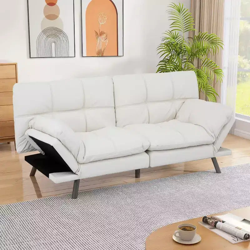 Dyonery 71 sofá cama convertible de piel sintética, futón de espuma viscoelástica, pequeño sofá cama moderno con respaldo dividido para sala de estar