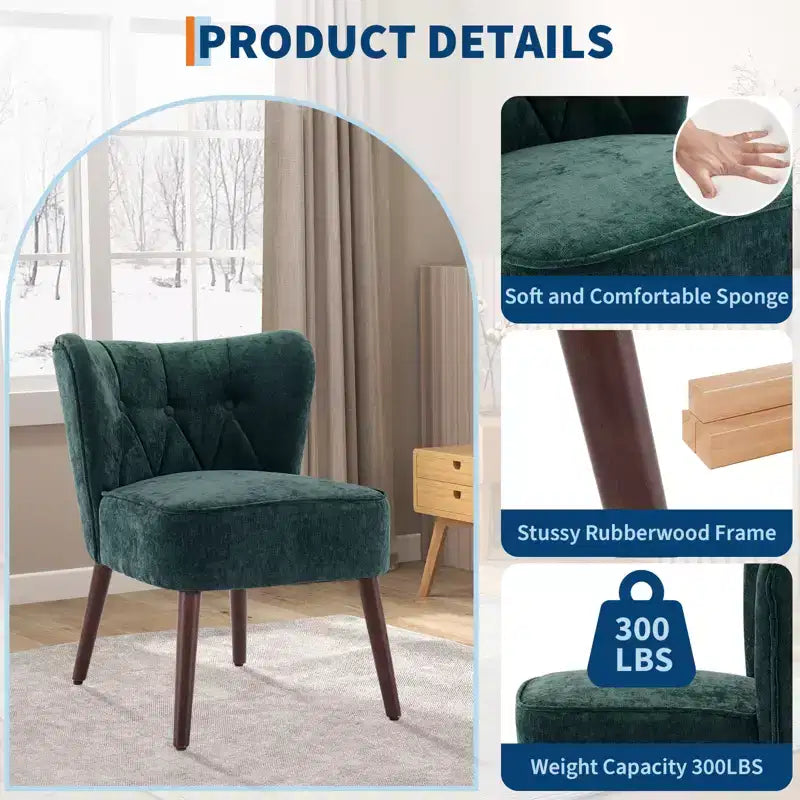 Sillón moderno sin brazos - Sillón de salón sin brazos con patas de madera, silla auxiliar tapizada y capitoné para tocador, tela cómoda, para sala de estar, dormitorio, patio