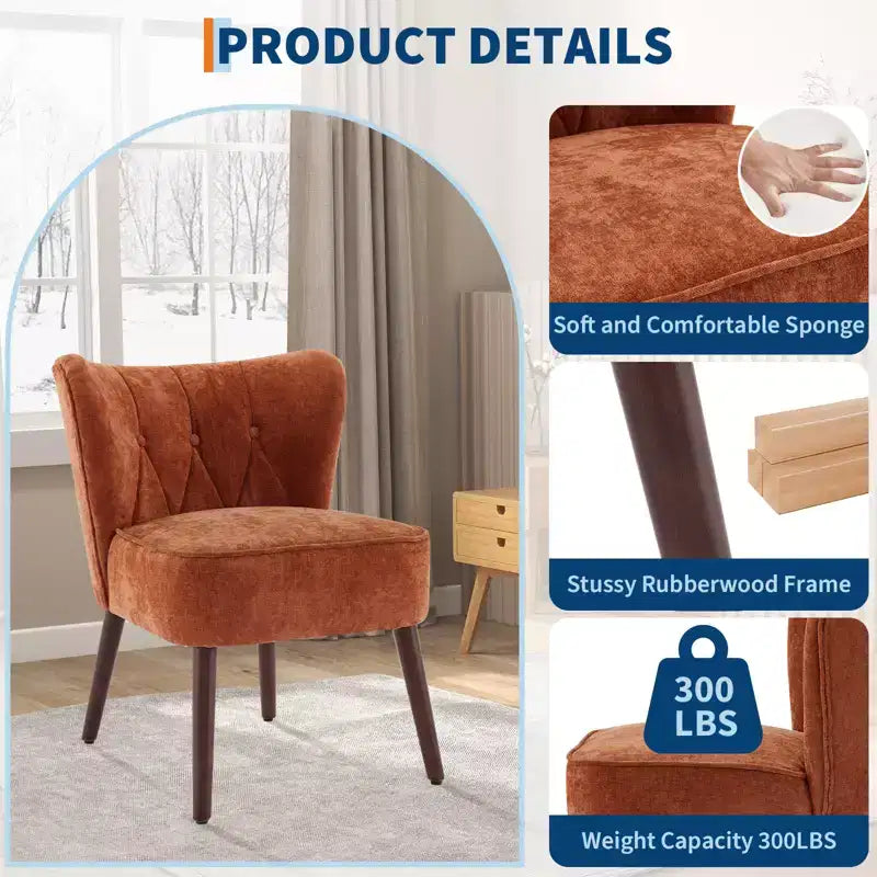 Sillón moderno sin brazos - Sillón de salón sin brazos con patas de madera, silla auxiliar tapizada y capitoné para tocador, tela cómoda, para sala de estar, dormitorio, patio