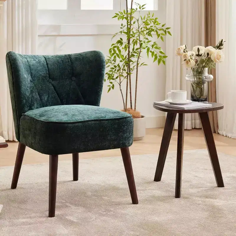 Sillón moderno sin brazos - Sillón de salón sin brazos con patas de madera, silla auxiliar tapizada y capitoné para tocador, tela cómoda, para sala de estar, dormitorio, patio