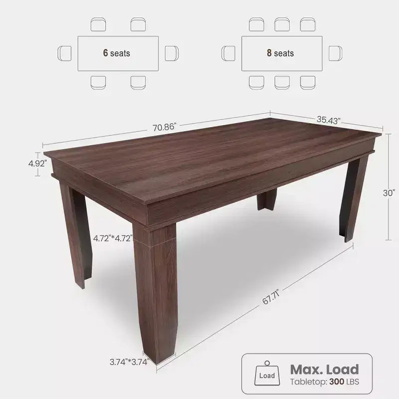 Mesa de comedor rústica de 180 cm, mesa de cocina marrón con capacidad para 6-8 personas