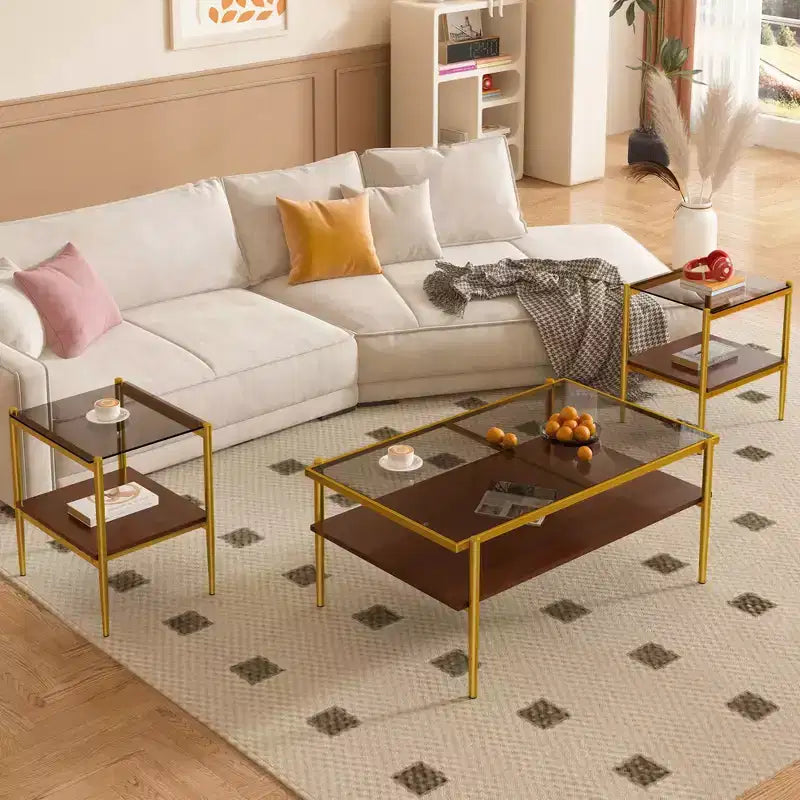 Juego de 3 mesas de centro y mesas auxiliares, mesa de cristal templado con capa de MDF, mesas modernas para sala de estar, cristal gris