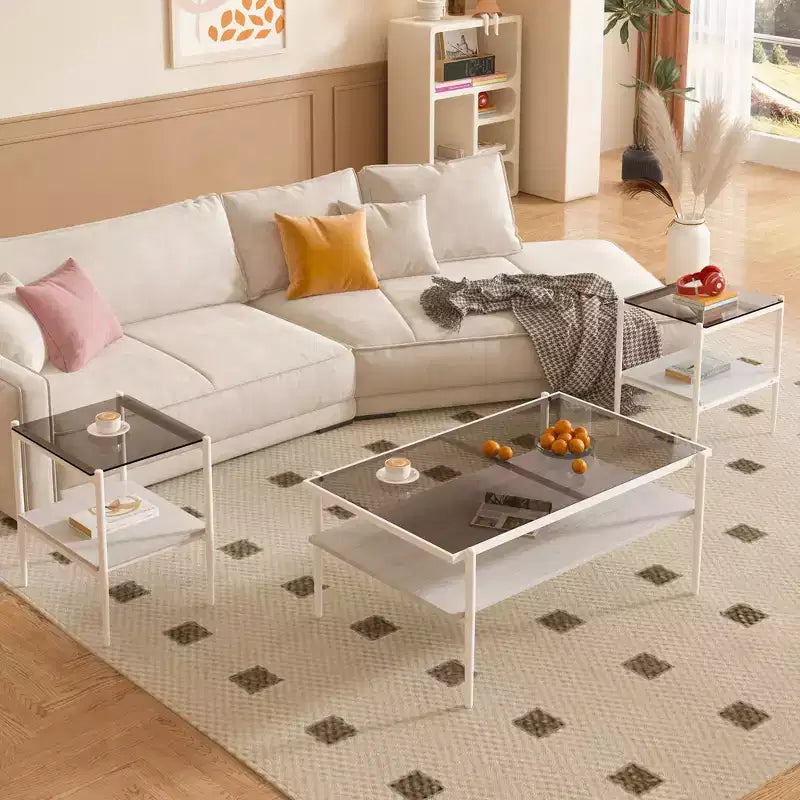 Juego de 3 mesas de centro y mesas auxiliares, mesa de cristal templado con capa de MDF, mesas modernas para sala de estar, cristal gris