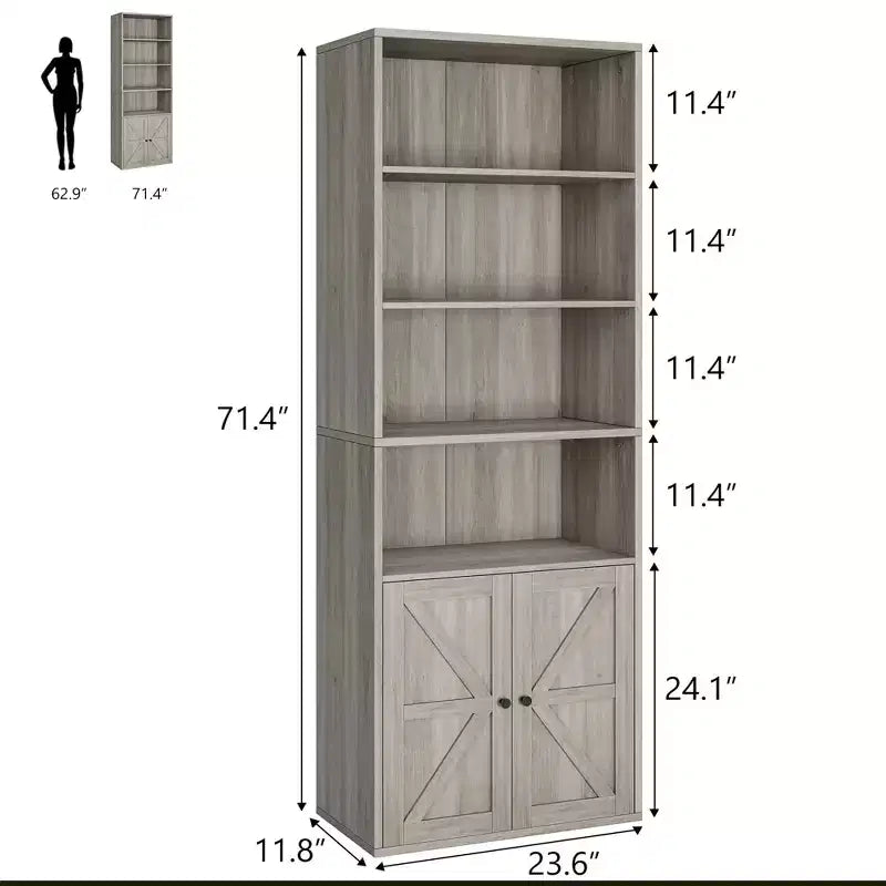 Estantería de granja con puertas de 30 cm de profundidad, estantes de almacenamiento de 181 cm de alto, librería industrial de madera, estanterías de 6 niveles para dormitorio