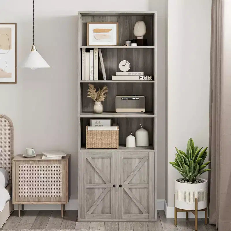 Estantería de granja con puertas de 30 cm de profundidad, estantes de almacenamiento de 181 cm de alto, librería industrial de madera, estanterías de 6 niveles para dormitorio