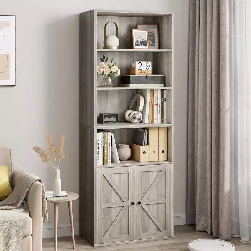 Estantería de granja con puertas de 30 cm de profundidad, estantes de almacenamiento de 181 cm de alto, librería industrial de madera, estanterías de 6 niveles para dormitorio